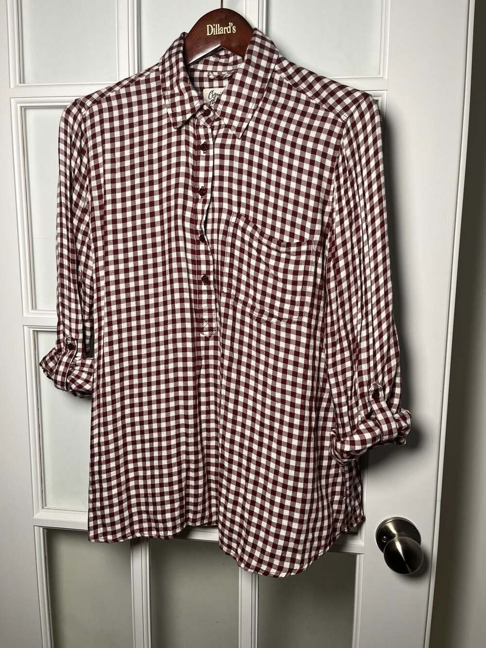Cosmic Blue Love Maroon and White Gingham Roll-Tab Sleeve Pullover Shirt
